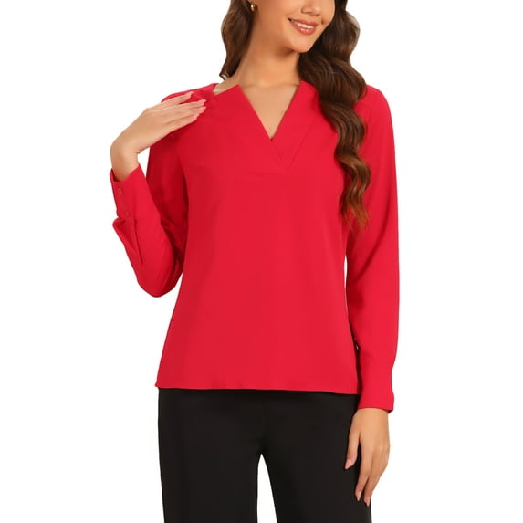 INSPIRE CHIC Work Office Blouse for Women's Long Sleeve V Neck Blouses S Red