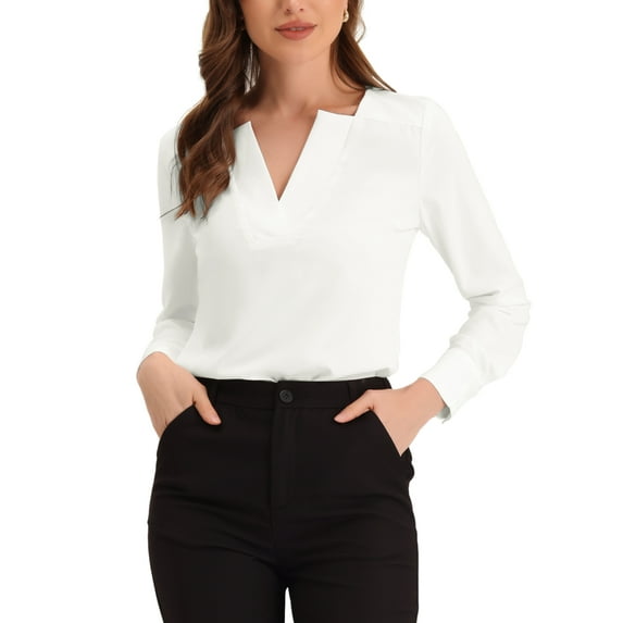 INSPIRE CHIC Work Office Blouse for Women's Long Sleeve V Neck Blouses XS White