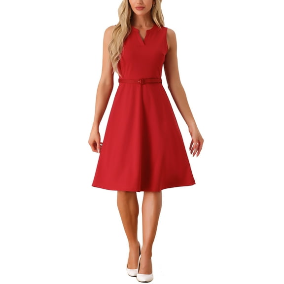 INSPIRE CHIC Work Office Dress for Women's Belted V Neck Sleeveless Dresses XL Red