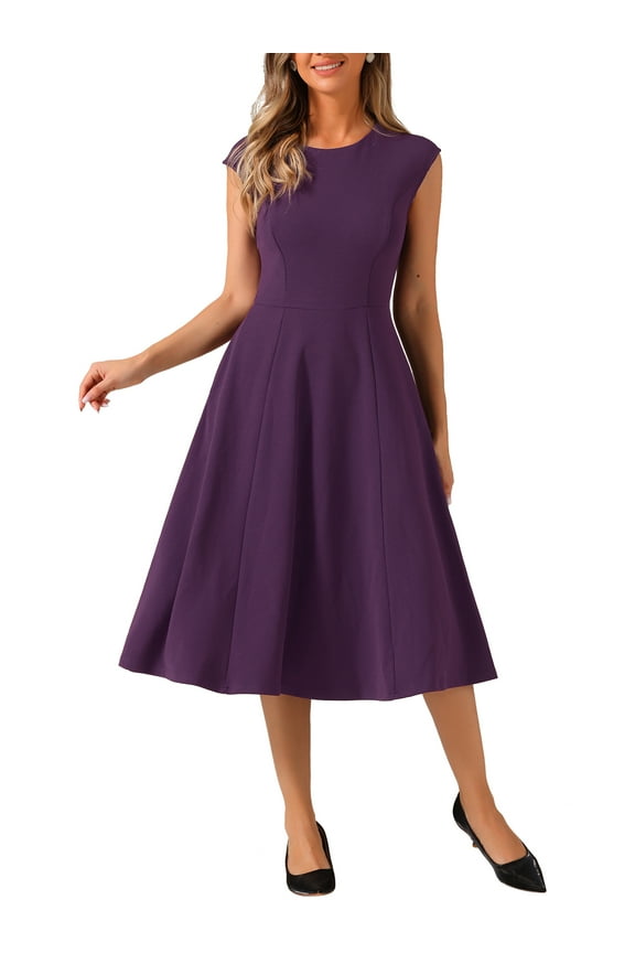 Women's Work Dress Cap Sleeve Elegant Cinched Waist A Line Dresses M Deep Purple