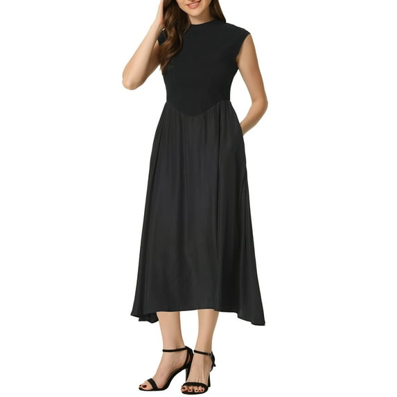 INSPIRE CHIC Work Office Dress for Women's Midi Round Neck Cap Sleeve Dress Black XS