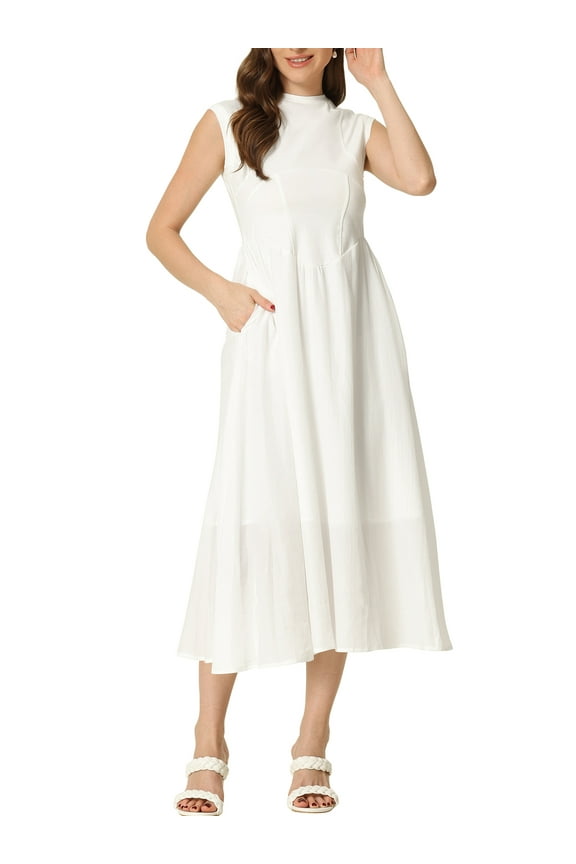 Work Office Dress for Women's Midi Round Neck Cap Sleeve Dress White L