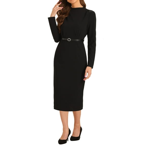 INSPIRE CHIC Work Sheath Dress for Women's Stand Collar Bodycon Career Dress L Black