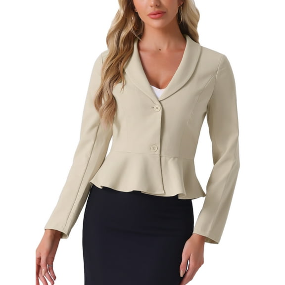 INSPIRE CHIC Work Short Blazer for Women's Lapel Collar Long Sleeve Ruffle Casual Office Jacket L Beige