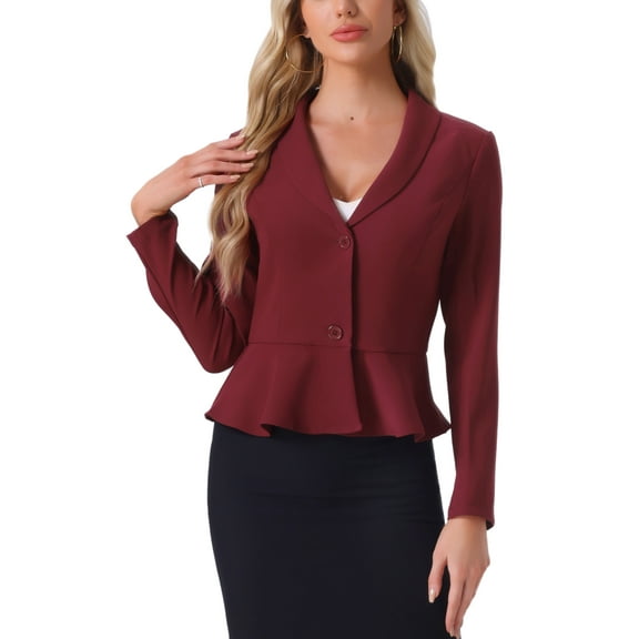 INSPIRE CHIC Work Short Blazer for Women's Lapel Collar Long Sleeve Ruffle Casual Office Jacket M Wine Red