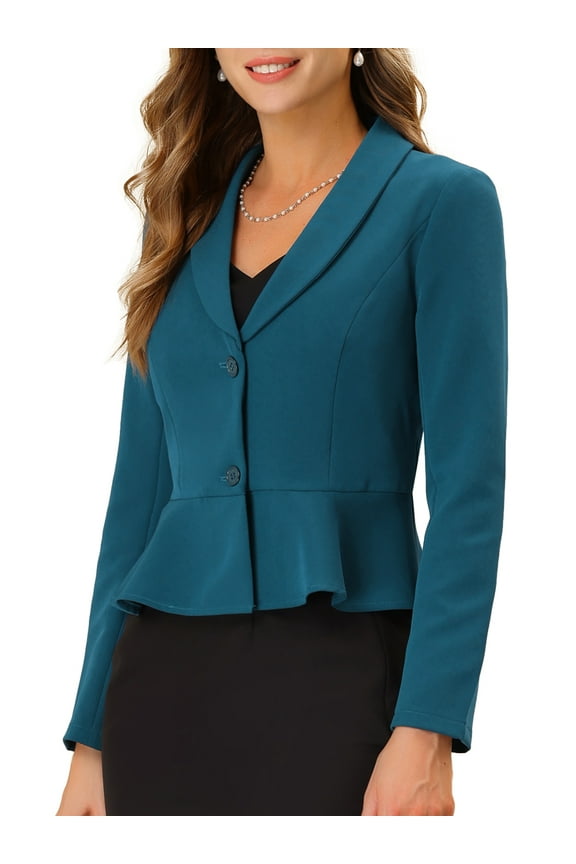Work Short Blazer for Women's Lapel Collar Long Sleeve Ruffle Casual Office Jacket XS Navy Blue