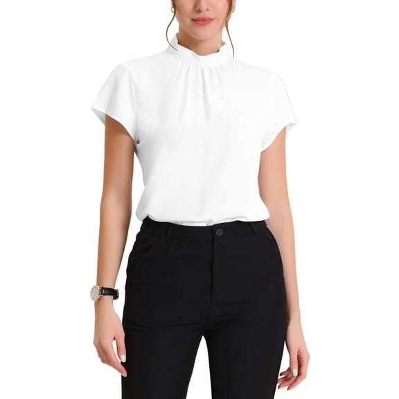 INSPIRE CHIC Work Top for Women's Stand Collar Cap Sleeve Keyhole Back Elegant Business Blouse XS White