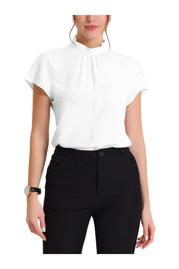 Work Top for Women's Stand Collar Cap Sleeve Keyhole Back Elegant Business Blouse XS White