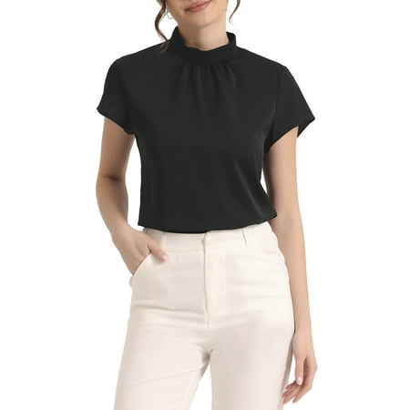 INSPIRE CHIC Work Top for Women's Stand Collar Cap Sleeve Keyhole Back Elegant Business Blouse L Black