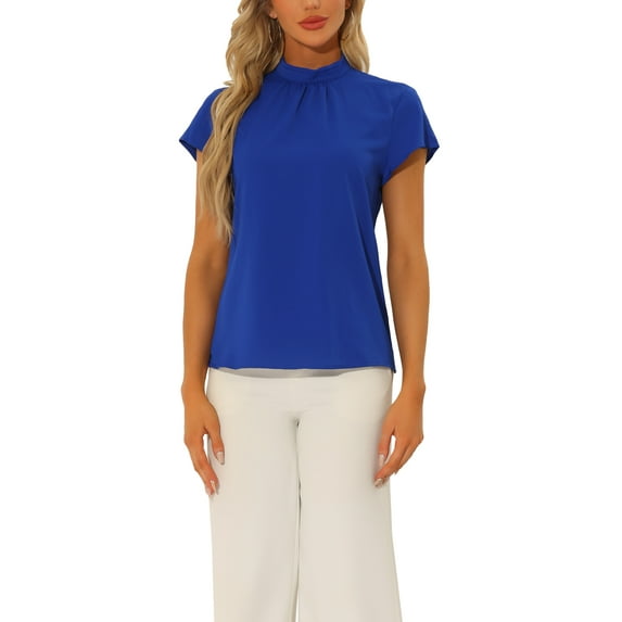 INSPIRE CHIC Work Top for Women's Stand Collar Cap Sleeve Keyhole Back Elegant Business Blouse