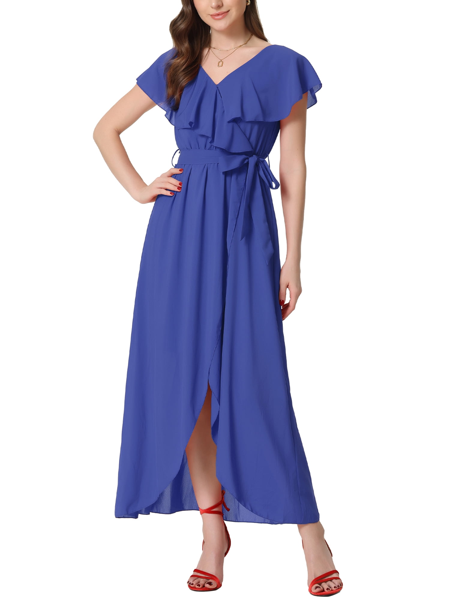 Allegra K Wrap Dress for Women's Cap Sleeve Ruffled V Neck Casual Maxi ...