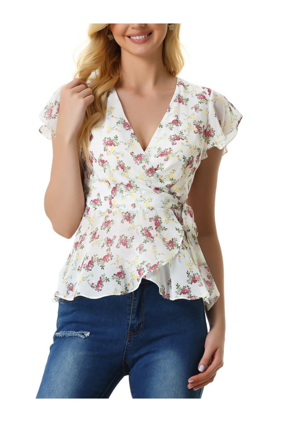Women's Wrap Tops Floral Print V Neck Short Sleeve Tie Waist Peplum Blouses M White
