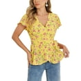 thumbnail image 1 of INSPIRE CHIC Women's Wrap Tops Floral Print V Neck Short Sleeve Tie Waist Peplum Blouses M Yellow, 1 of 6