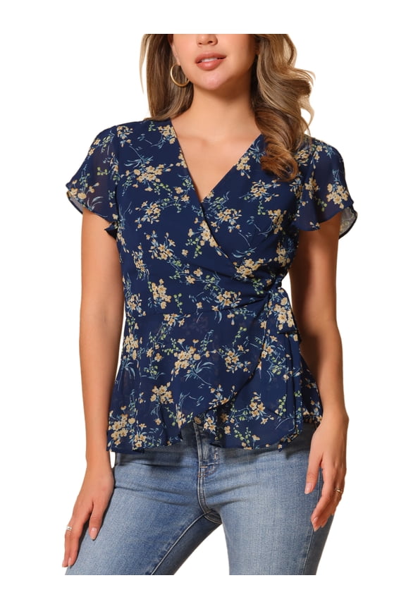 Women's Wrap Tops Floral Print V Neck Short Sleeve Tie Waist Peplum Blouses S Dark Blue