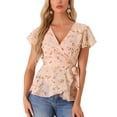 thumbnail image 1 of INSPIRE CHIC Women's Wrap Tops Floral Print V Neck Short Sleeve Tie Waist Peplum Blouses S Pink, 1 of 6