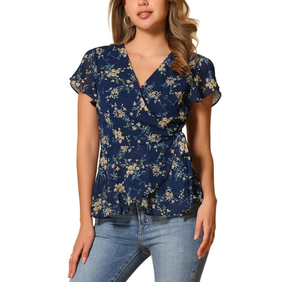 INSPIRE CHIC Women's Wrap Tops Floral Print V Neck Short Sleeve Tie Waist Peplum Blouses XS Dark Blue
