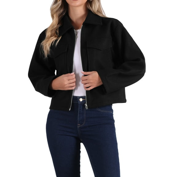 INSPIRE CHIC Zipper Jacket for Women's Lapel Collar Two Pockets Long Sleeve Casual Coat