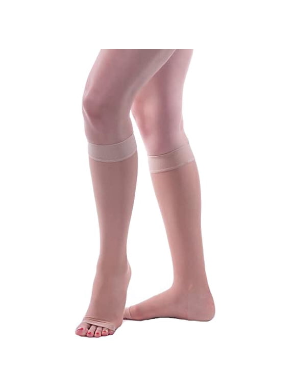Allegro Women's Sheer Knee High Compression Stockings 15-20 mmHg Open Toe |Lightweight hosiery with a wide comfort top band and reciprocated heel for a secure fit during work travel and everyday wear