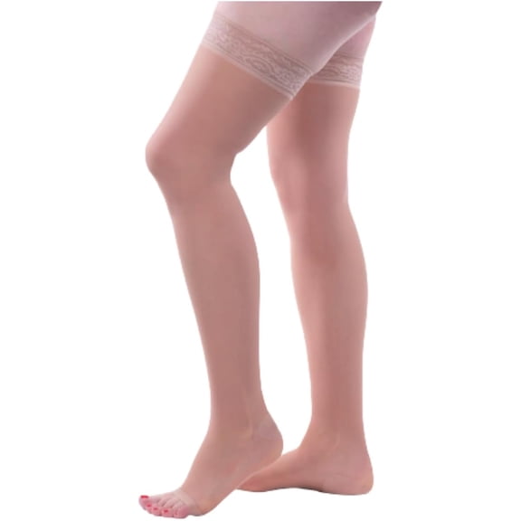 Allegro Women's Sheer Thigh High Open Toe 15-20 mmHg Compression Stockings | Lace silicone stay-up band and reciprocated heel provide a secure fit, soft feel and polished look for comfortable wear.