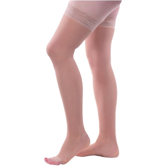 Allegro Women's Sheer Thigh High Open Toe 15-20 mmHg Compression Stockings | Lace silicone stay-up band and reciprocated heel provide a secure fit, soft feel and polished look for comfortable wear.