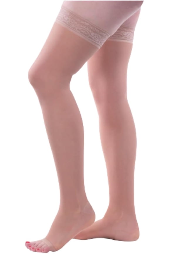 Allegro Women's Sheer Thigh High Open Toe 15-20 mmHg Compression Stockings | Lace silicone stay-up band and reciprocated heel provide a secure fit, soft feel and polished look for comfortable wear.