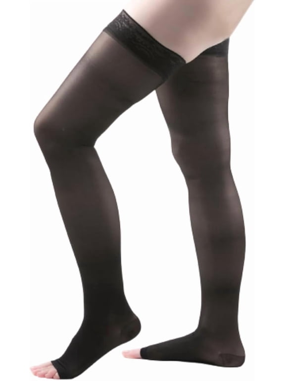 Allegro 20-30mmHg Essential 9 Sheer Support Open Toe Thigh High Hose (Black) Large