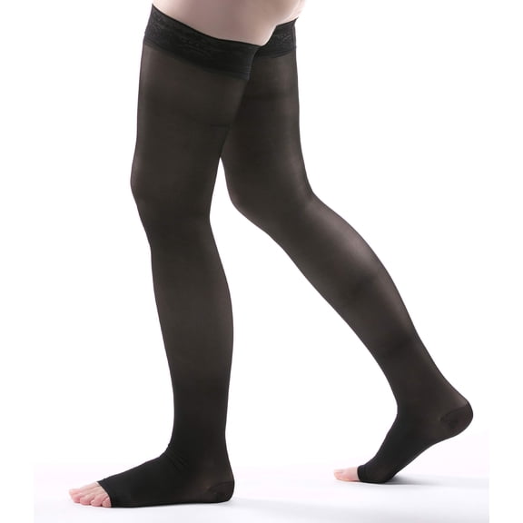 Allegro 20-30mmHg Essential 9 Sheer Support Open Toe Thigh High Hose (Black) Small