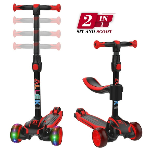Allek 2-in-1 Kick Scooter D01 with Removable Seat and Thick Wide Kickboard for Boys Girls 2-10 (Dual Color Red/Black)