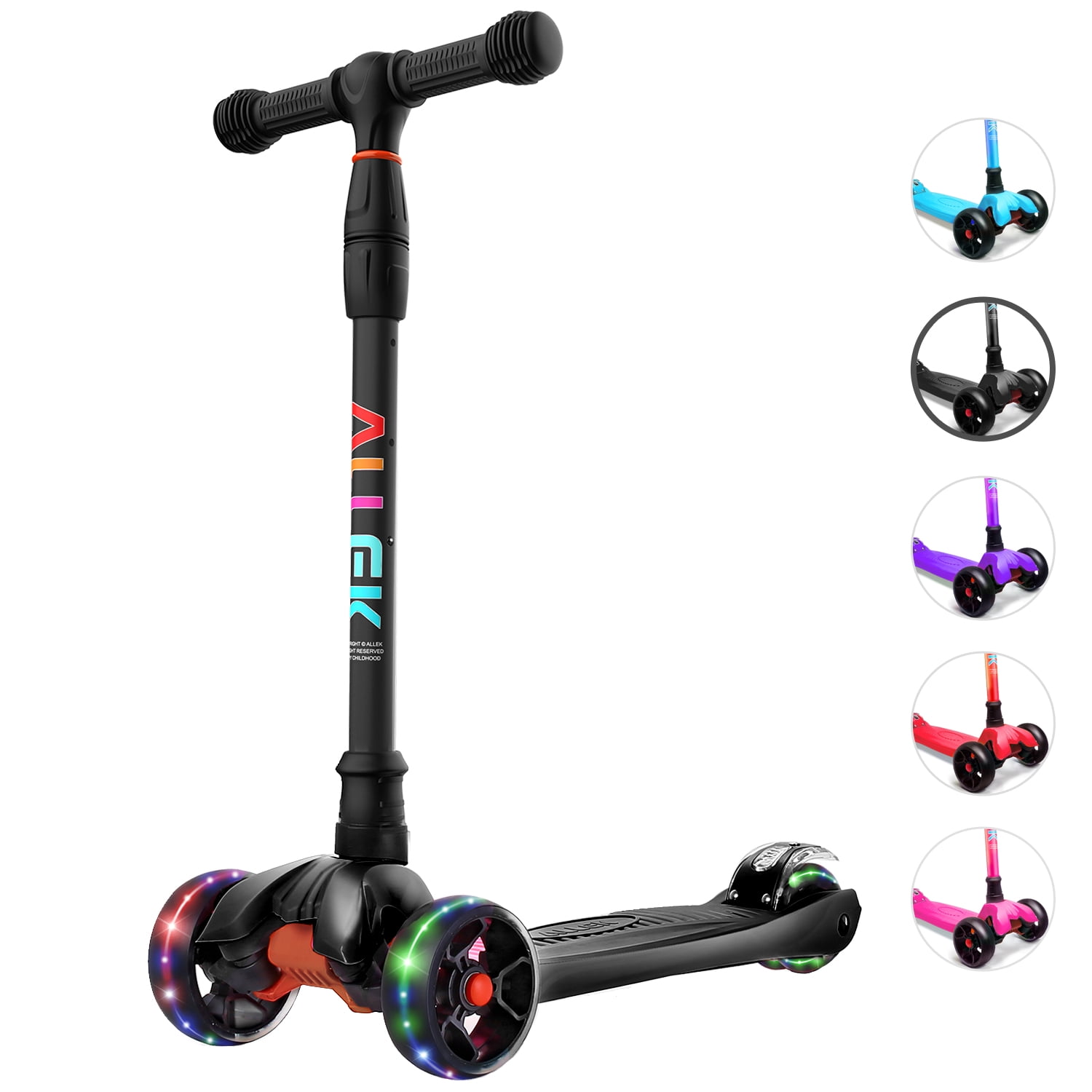 Allek Kick Scooter B02 with Light-Up Wheels and 4 Adjustable Heights for Children from 3-12yrs (Black)