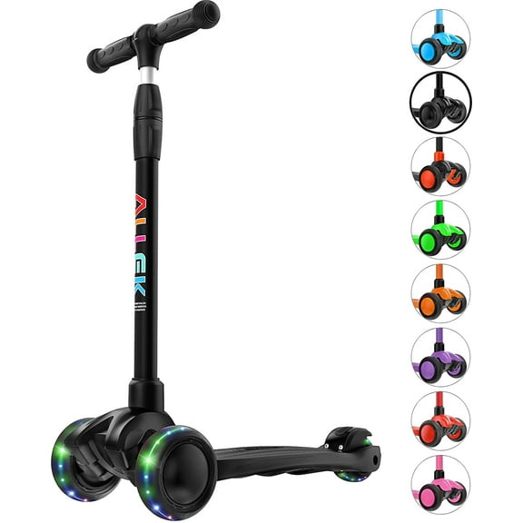 Allek Kick Scooter B03, Lean 'N Glide 3-Wheeled Push Scooter with Extra Wide PU Light-Up Wheels, Any Height Adjustable Handlebar and Strong Thick Deck for Children from 3-12yrs (Black)