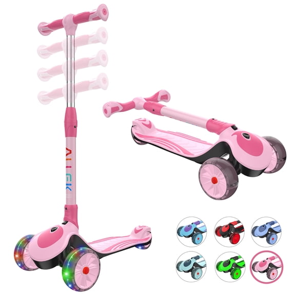 Allek Kick Scooter F01 with Foldable Adjustable Handlebar and Dual Color Anti-Slip Wide Deck for Kids 3-12 (Pink)