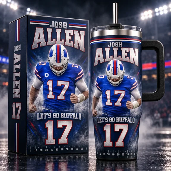 Allen 17 'Lets Go Buffalo' Premium 40oz Insulated Tumbler with Handle, Bills Mafia Fans Football Stainless Steel Travel Mug, Gameday Football Collector Gift, Vacuum Coffee Cup
