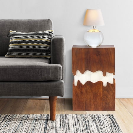Allen 21 Inch Modern 2 Tone Acacia Wood Side End Table, Block Pedestal, Abstract Design, Walnut, White