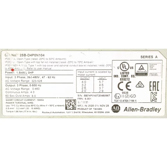 Allen Bradley 25B-D4P0N104 PowerFlex 525 1.5kW (2Hp) AC Drive UPS Shipping