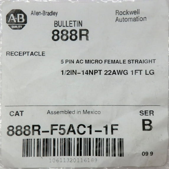 Allen Bradley 888R-F5AC1-1F 1Ft 5-Pin AC Micro 1/2 Inch 14NPT 22AWG Female Straight Receptacle