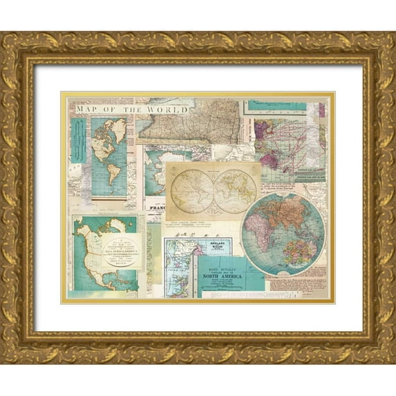 Allen, Candace 32x25 Gold Ornate Wood Framed with Double Matting Museum Art Print Titled - Ivory Blue Maps Collage