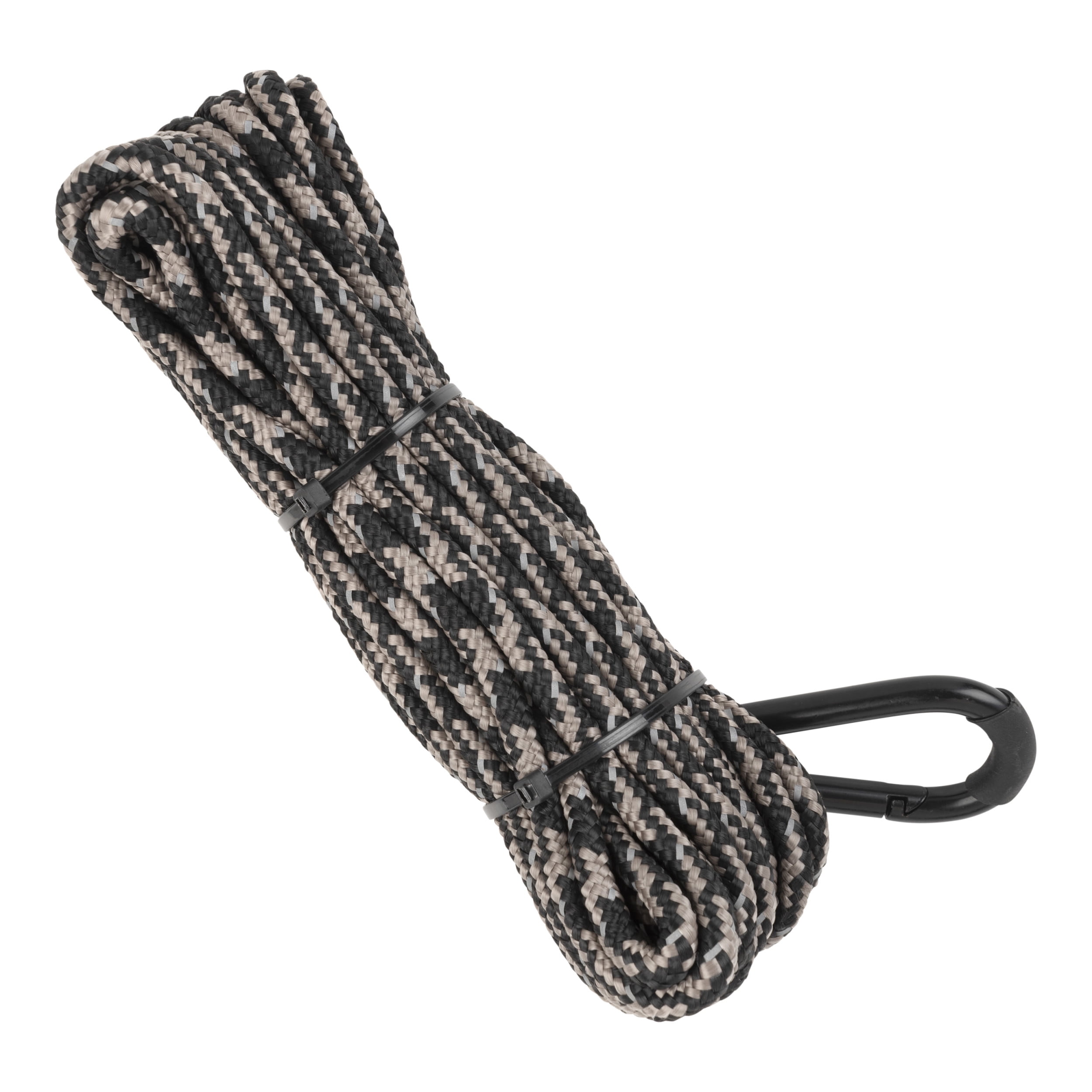 Allen Company Reflective Hoist Rope, 30-feet, Black, with Carabiner, Polypropylene Rope, 1/4" x 30'