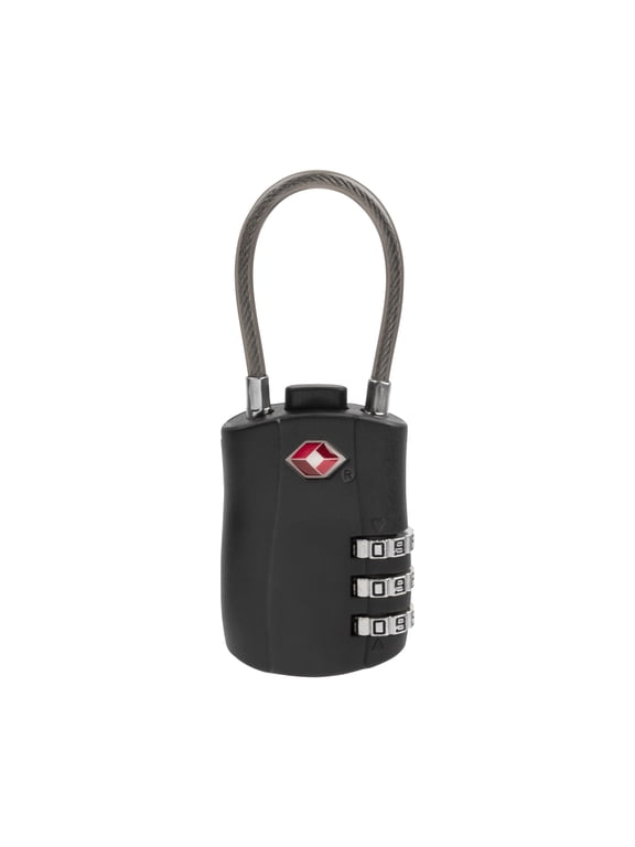 TSA Lock with Combination, Black Steel Cable Lock, 1.25" Cable, 3 Wheel Combination
