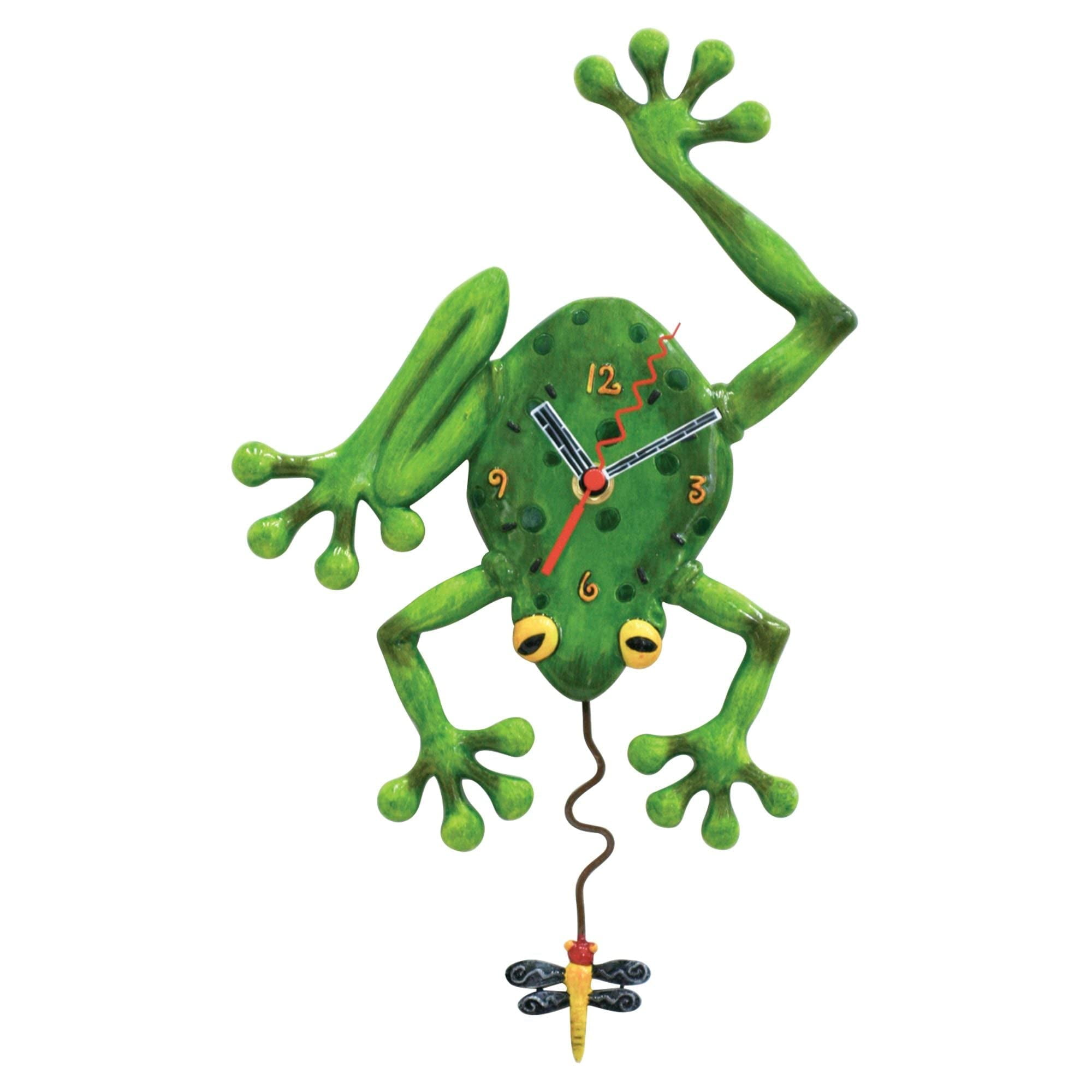 Green Resin Frog Pendulum Wall Clock with Dragonfly