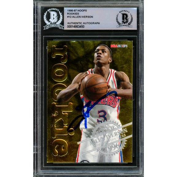 Allen Iverson Autographed 1996-97 Hoops NBA Rookie Card #12 Philadelphia 76ers Beckett BAS #14863450