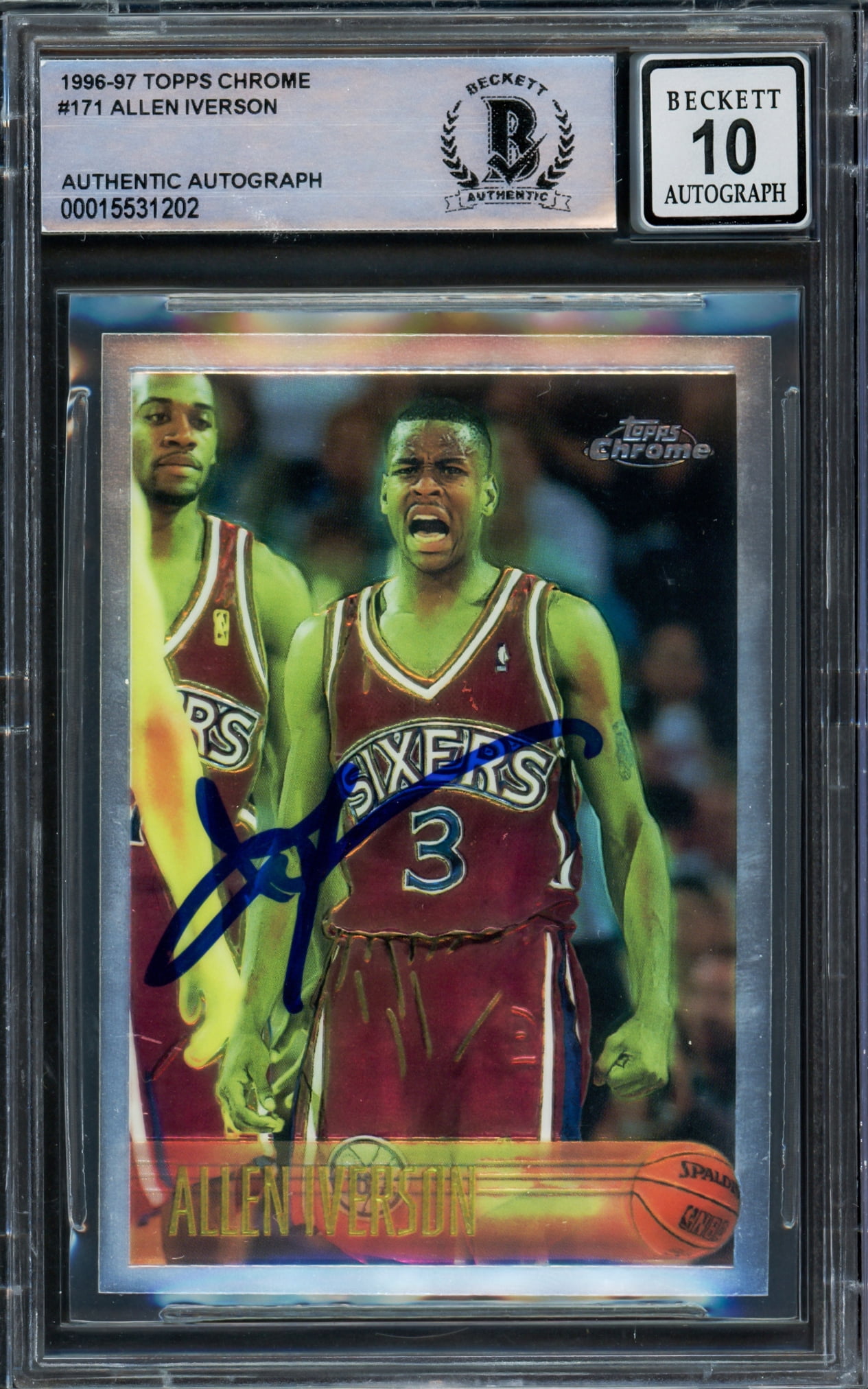 Allen Iverson Autographed 1996-97 Topps Chrome Rookie Card #171 Philadelphia 76ers Auto Grade Gem Mint 10 Beckett BAS 220171