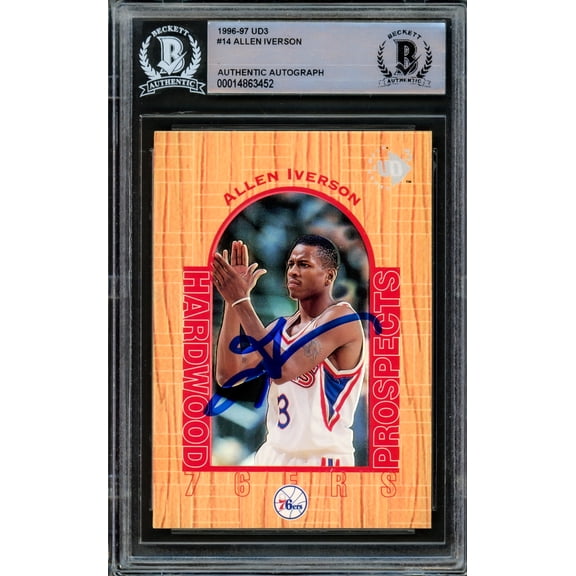 Allen Iverson Autographed 1996-97 UD3 Hardwood Prospects Rookie Card #14 Philadelphia 76ers Beckett BAS #14863452