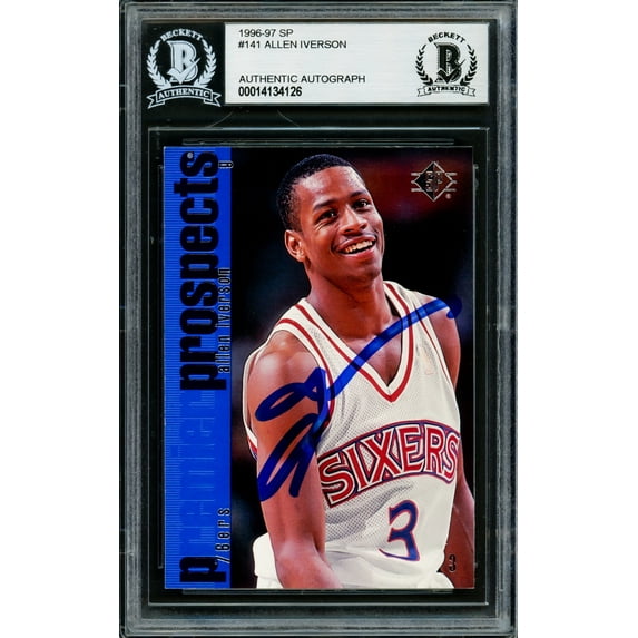 Allen Iverson Autographed 1996-97 Upper Deck SP Rookie Card #141 Philadelphia 76ers Beckett BAS 220169
