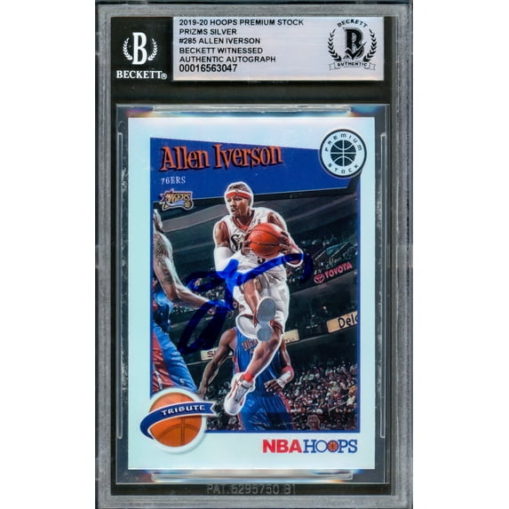 Allen Iverson Autographed 2019-20 Hopps Premium Stock Prizms Silver Card #285 Philadelphia 76ers Beckett BAS Witnessed #16563047
