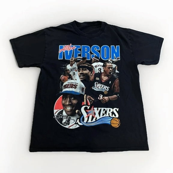 Allen Iverson Basketball Graphic T-shirt Size L Men’s Sixers Blue Black ,Black Color,Size 2XL