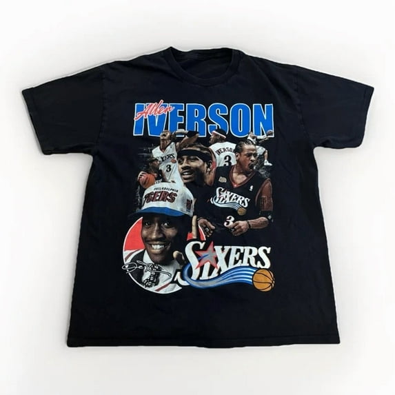 Allen Iverson Basketball Graphic T-shirt Size L Men’s Sixers Blue Black