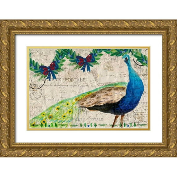 Allen, Kimberly 14x11 Gold Ornate Wood Framed with Double Matting Museum Art Print Titled - Christmas Postcard Peacock