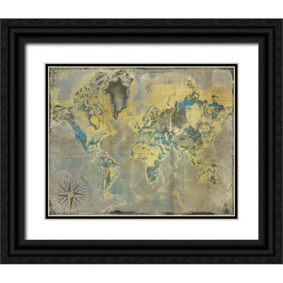 Allen, Kimberly 24x20 Black Ornate Wood Framed with Double Matting Museum Art Print Titled - Golden Teal World Map