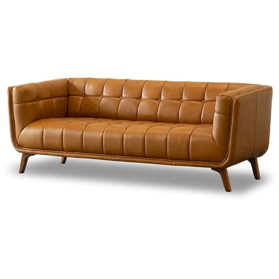 Allen Mid-Century Modern Tufted Back Genuine Leather Sofa in Tan