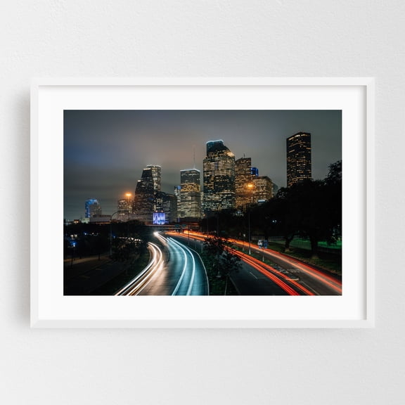 Allen Parkway 02 - Houston Texas Photography Skyline City Nightlife Architecture Night Sky Street Photography White Framed Wall Art Print 5 x 7 inches